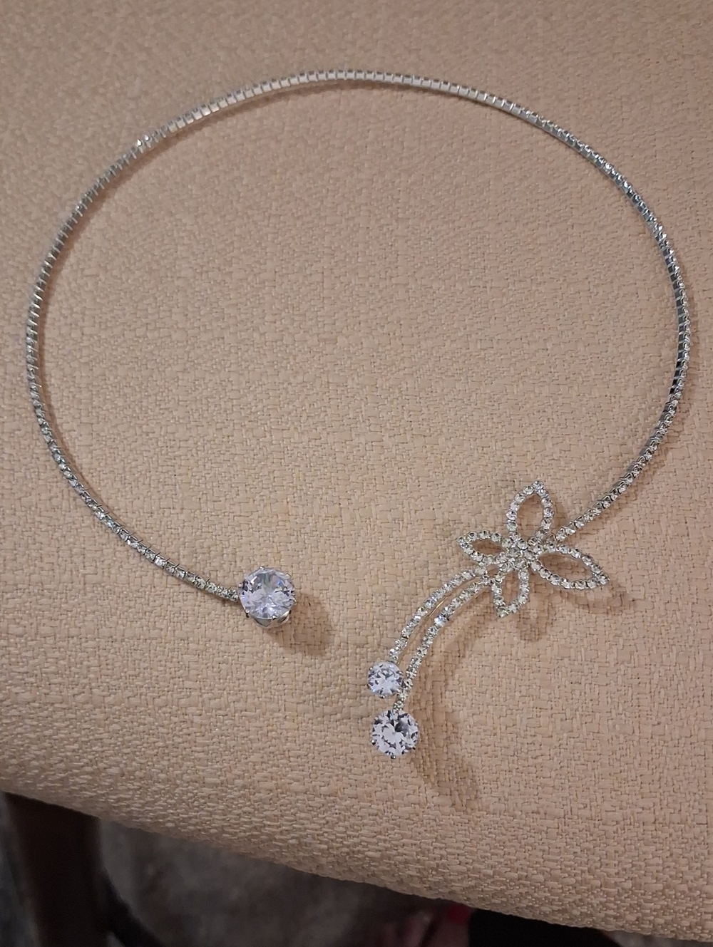 Silver Crystal Floral Open Choker Necklace - Sparkling Clear Stones